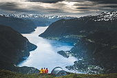 Three girls caming in nature in Norway.