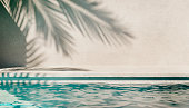 Tropical summer background with plaster wall, pool water and palm shadow. Luxury hotel resort poolside scene mockup template.