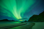 Aurora in Haukland Beach, Lofoten, Norway